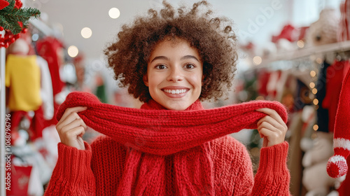 Smiling woman in a red Christmas scarf, enjoying the winter season photo