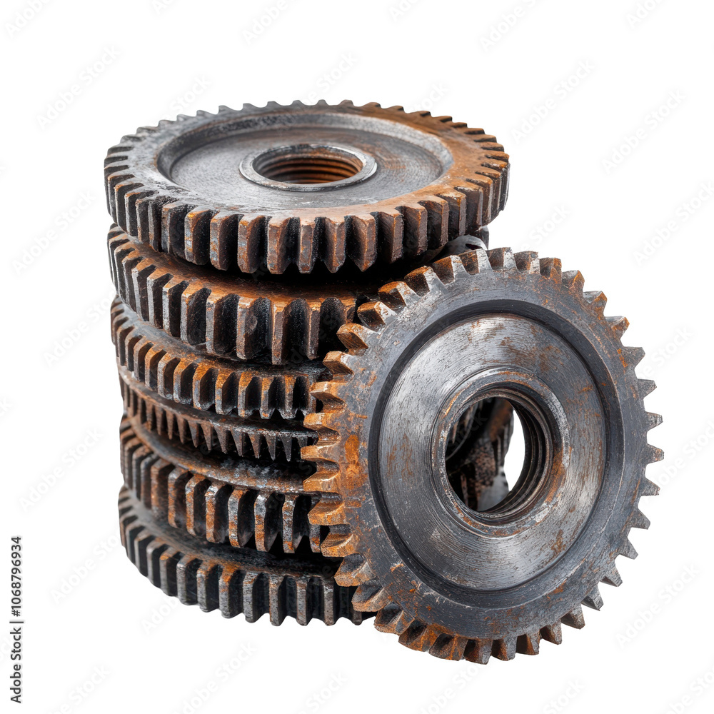 Stack of metal industrial gears with complex teeth and rust marks Stack of metal industrial gears with complex teeth and rust marks