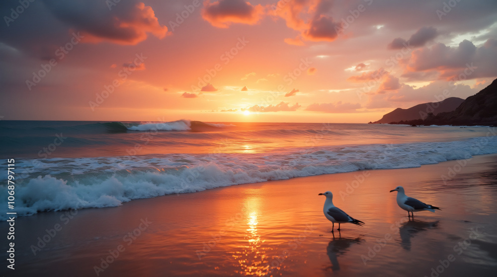 A Peaceful Beach Scene With Gentle Waves, Seagulls, and a Colorful Sunset Captured With a Wide-Angle Lens, Using Warm and Vibrant Film to Create a Serene and Inviting Atmosphere A Peaceful Beach Scene With Gentle Waves, Seagulls, and a Colorful Sunset Captured With a Wide-Angle Lens, Using Warm and Vibrant Film to Create a Serene and Inviting Atmosphere
