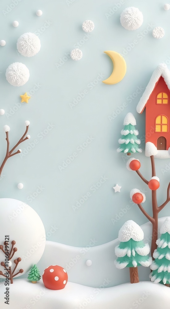 A whimsical winter scene with a red house, snow-covered trees, and a crescent moon. A whimsical winter scene with a red house, snow-covered trees, and a crescent moon.