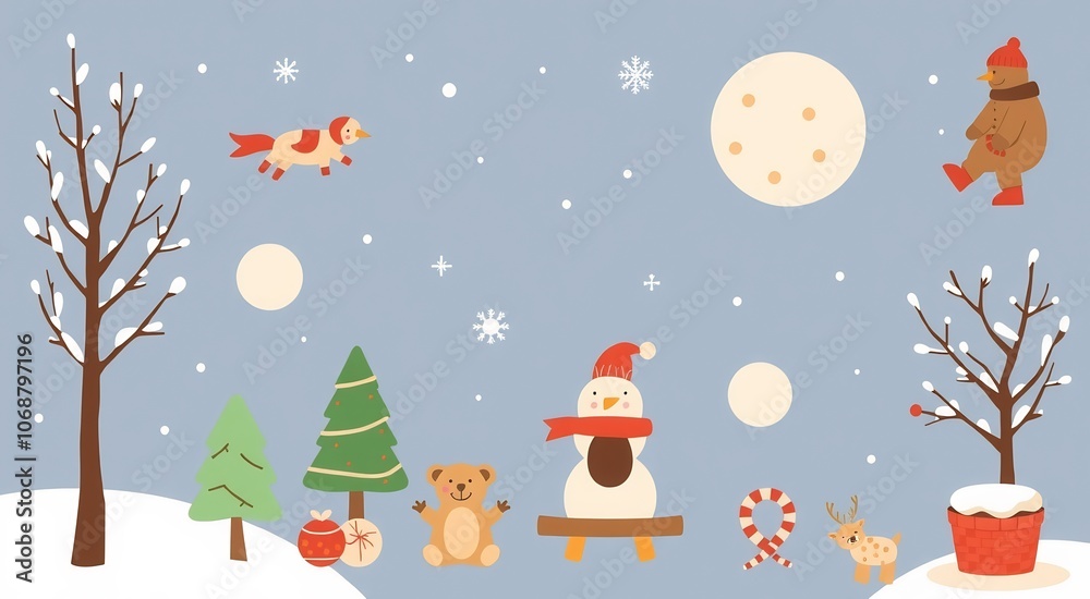 Cute Christmas characters in a snowy winter scene with a full moon and snow falling. Cute Christmas characters in a snowy winter scene with a full moon and snow falling.