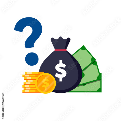 Money bag with dollars, coins and question mark - economy and finance questions vector illustration.