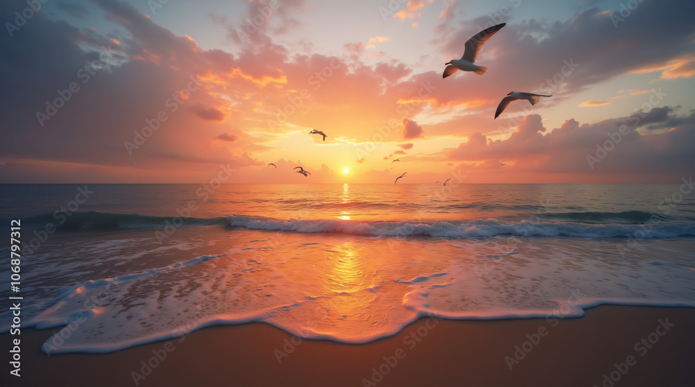 A Peaceful Beach Scene With Gentle Waves, Seagulls, and a Colorful Sunset Captured With a Wide-Angle Lens, Using Warm and Vibrant Film to Create a Serene and Inviting Atmosphere A Peaceful Beach Scene With Gentle Waves, Seagulls, and a Colorful Sunset Captured With a Wide-Angle Lens, Using Warm and Vibrant Film to Create a Serene and Inviting Atmosphere