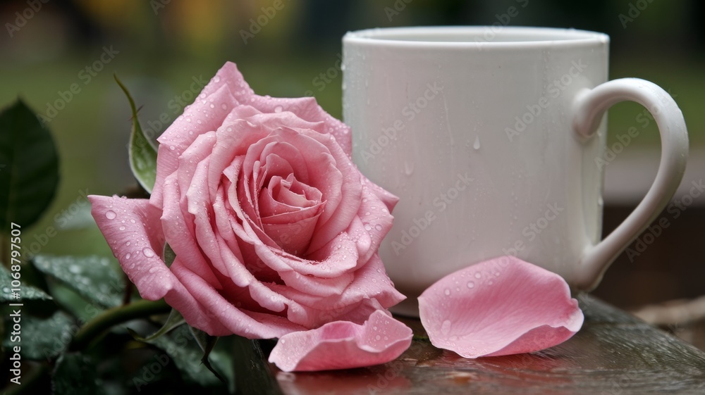 A pink rose with several petals next to a white mug. The rose is fresh, with a few drops of dew on the petals. The background is blurred and contains greenery. With a place to copy the text. A pink rose with several petals next to a white mug. The rose is fresh, with a few drops of dew on the petals. The background is blurred and contains greenery. With a place to copy the text.