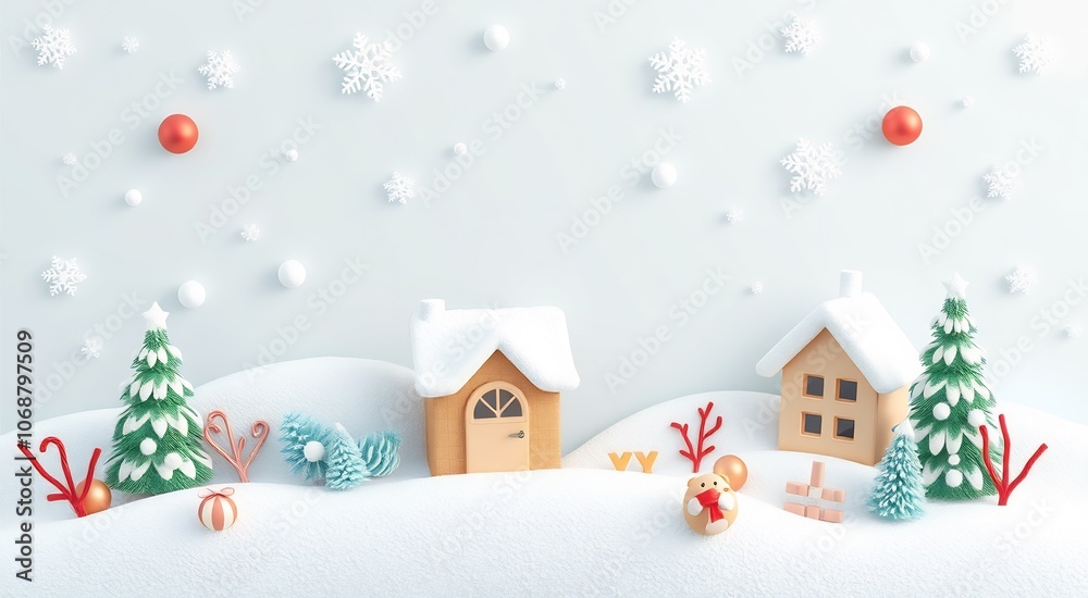 3D Winter Wonderland with Tiny Houses, Christmas Trees and Festive Decorations. 3D Winter Wonderland with Tiny Houses, Christmas Trees and Festive Decorations.