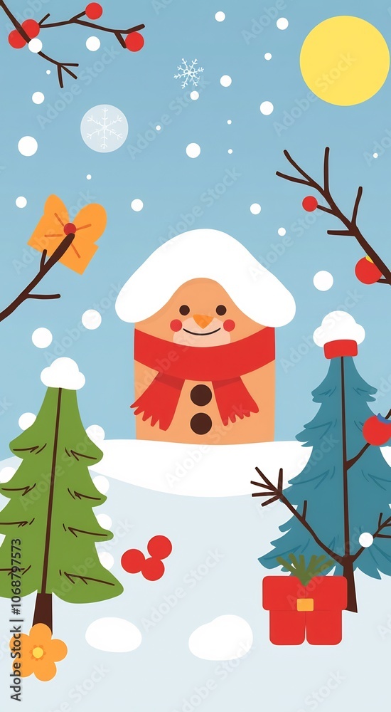 Smiling snowman with a red scarf standing between two Christmas trees in the snowy landscape. Smiling snowman with a red scarf standing between two Christmas trees in the snowy landscape.