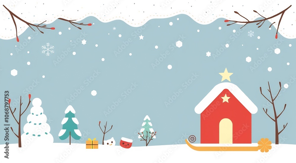 A snowy winter scene with a small red house, a snowman, and a Christmas tree. A snowy winter scene with a small red house, a snowman, and a Christmas tree.