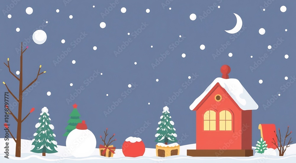 Snowy Night Christmas Scene with Red House.