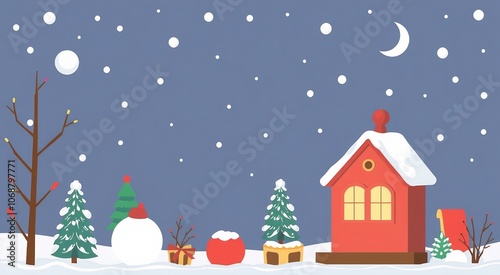 Wallpaper Mural Snowy Night Christmas Scene with Red House. Torontodigital.ca