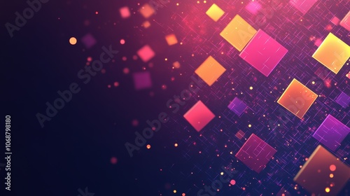 An abstract tech background with digital squares and glowing particles on a dark gradient, resembling a digital environment. photo