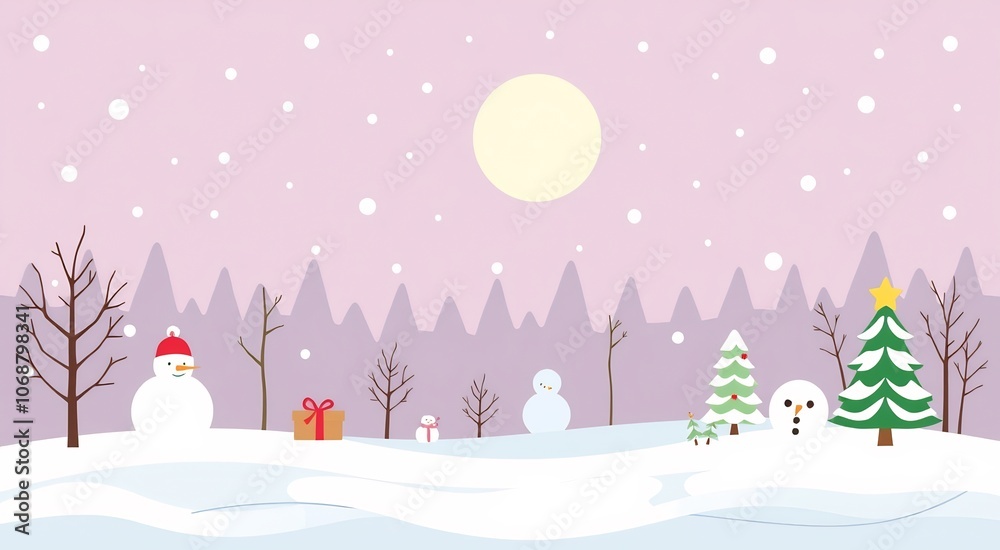 Cartoon snowmen and Christmas trees on a snowy winter landscape. Cartoon snowmen and Christmas trees on a snowy winter landscape.