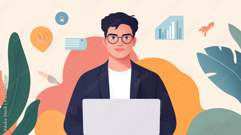 Businessman working on laptop in office, vector illustration
