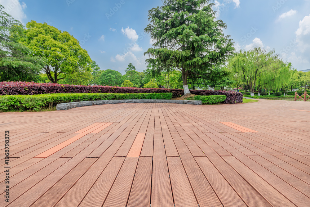 Empty wooden floor and woods background in the park Empty wooden floor and woods background in the park