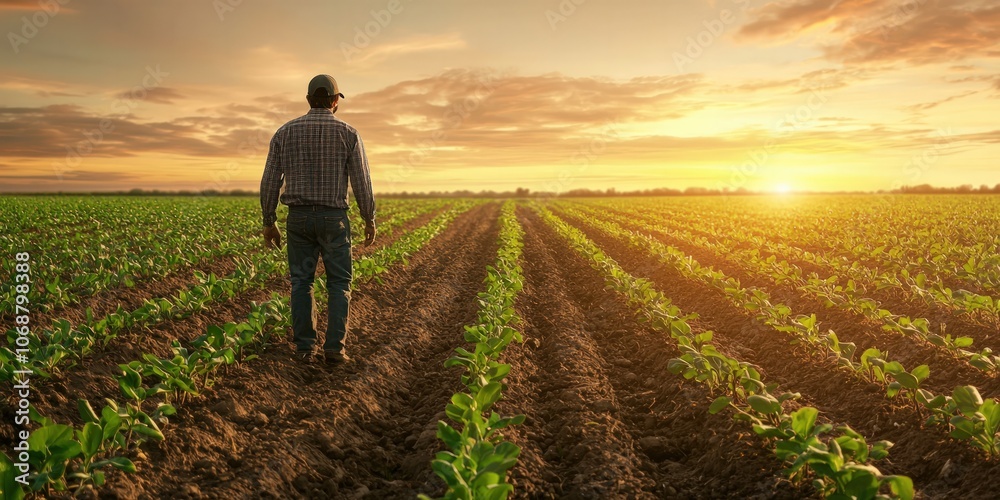 Fototapeta premium Farmer Stands in Lush Green Field at Sunset for Better Harvest