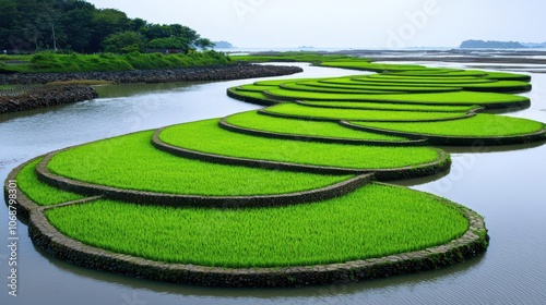 Lush green rice fields in curvy patterns by the water, tranquil rural scenery.