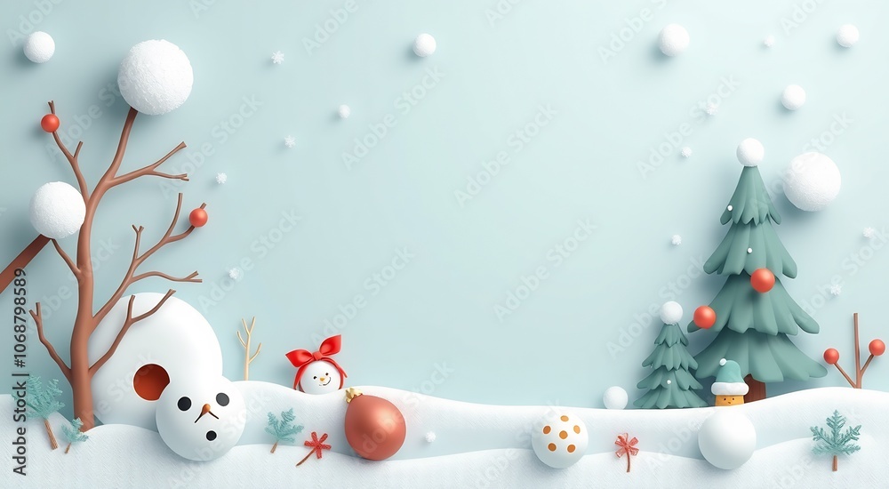 Winter wonderland scene with snowman, Christmas trees and ornaments. Winter wonderland scene with snowman, Christmas trees and ornaments.