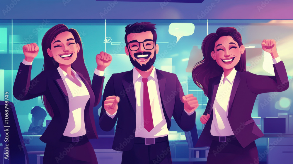Group of business workers celebrating success with smiles and excitement. Their joyful expressions reflect teamwork and achievement in modern office environment Group of business workers celebrating success with smiles and excitement. Their joyful expressions reflect teamwork and achievement in modern office environment