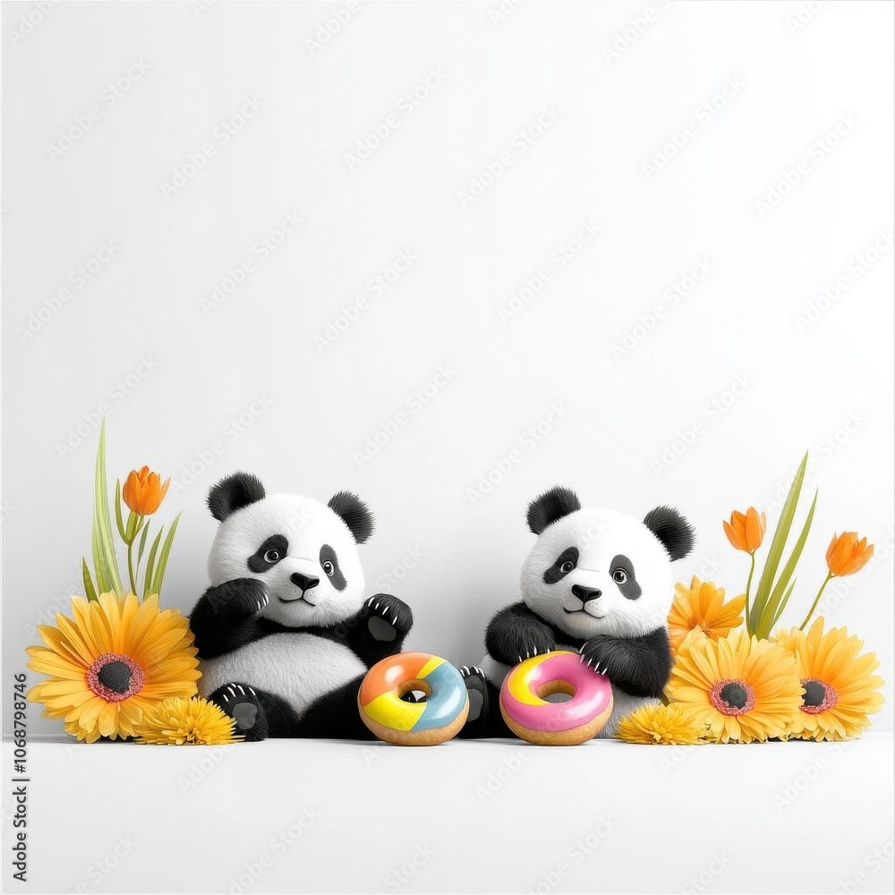 Two cute pandas enjoying colorful donuts surrounded by vibrant flowers. Two cute pandas enjoying colorful donuts surrounded by vibrant flowers.