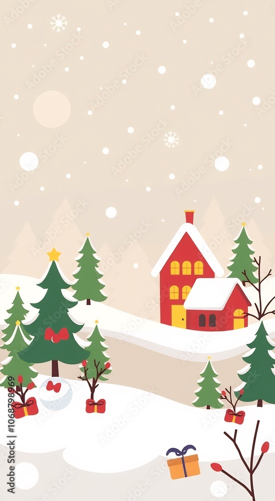 Christmas snow scene with a house, trees, and presents. Christmas snow scene with a house, trees, and presents.