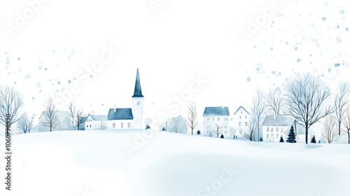 A serene watercolor illustration style image depicting a peaceful snowy village with a church steeple, cozy houses, and trees in soft blue tones against a white snowy landscape, evoking winter tranqui photo