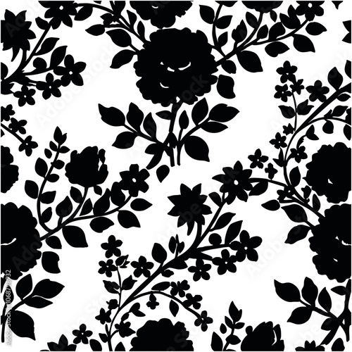 Black wildfloral pattern , Abstract leaves and flowers. Botanical style. Floral silhouettes. black and white.	
 photo