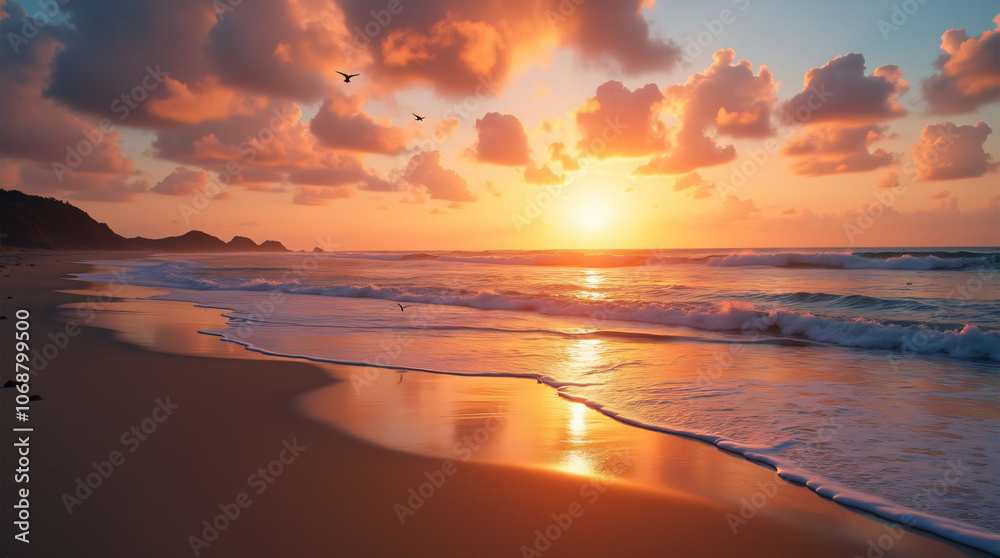 A Peaceful Beach Scene With Gentle Waves, Seagulls, and a Colorful Sunset Captured With a Wide-Angle Lens, Using Warm and Vibrant Film to Create a Serene and Inviting Atmosphere A Peaceful Beach Scene With Gentle Waves, Seagulls, and a Colorful Sunset Captured With a Wide-Angle Lens, Using Warm and Vibrant Film to Create a Serene and Inviting Atmosphere