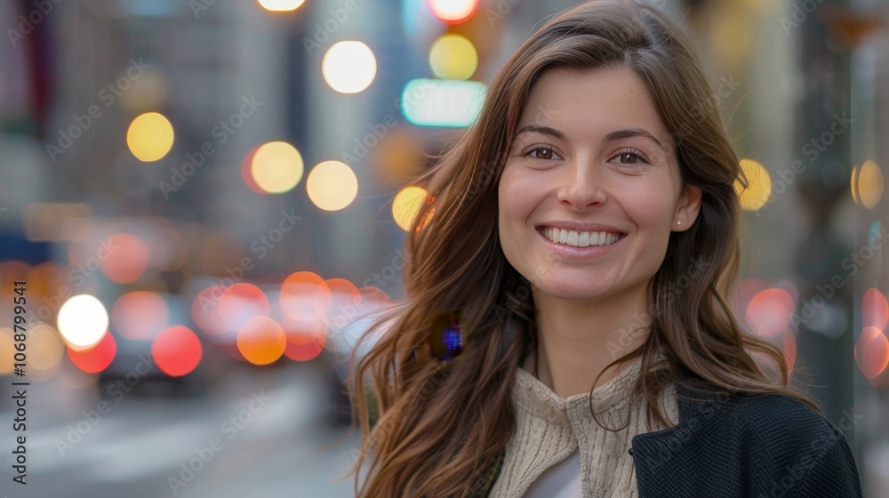 Vibrant portrait of a confident 30 year old american woman in a stylish outfit against a cityscape Vibrant portrait of a confident 30 year old american woman in a stylish outfit against a cityscape