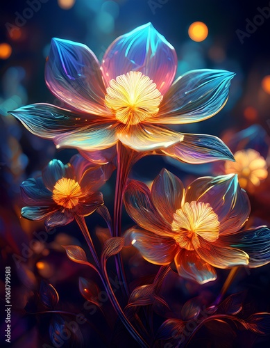 close up flowers pattern with colorful glowing light at dark background; abstract concept 