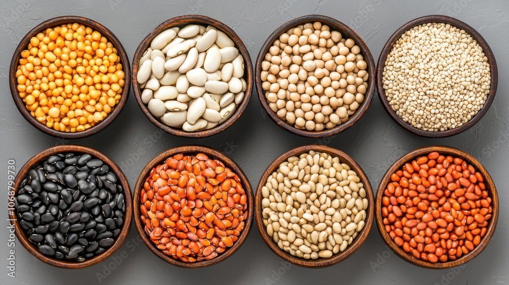 Assorted beans and lentils displayed in bowls on a gray background. Assorted beans and lentils displayed in bowls on a gray background.