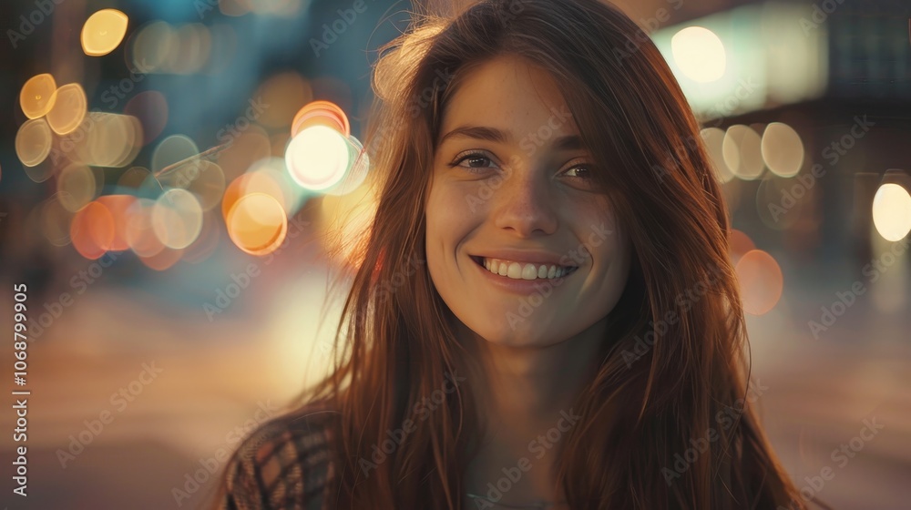 Obraz premium Portrait of a confident 30 year old american woman in a vibrant cityscape with expressive eyes