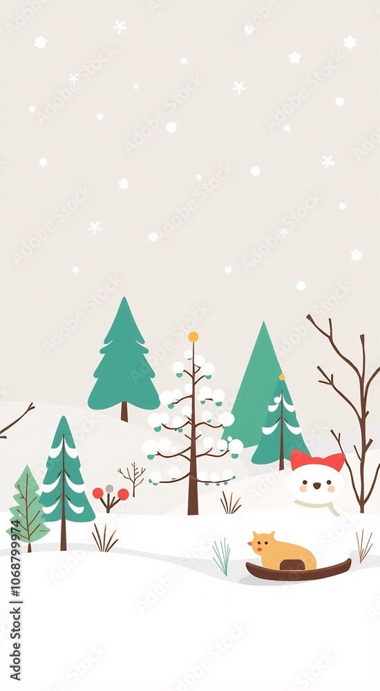 A snowman in a winter forest with a small animal riding a sled in front of it. A snowman in a winter forest with a small animal riding a sled in front of it.