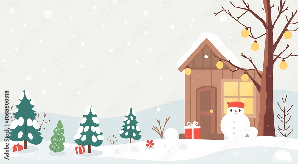 A cute snowman stands in front of a cozy cabin in a snowy winter wonderland. A cute snowman stands in front of a cozy cabin in a snowy winter wonderland.