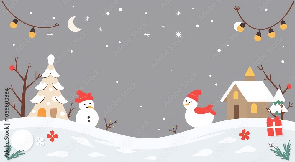 Two snowmen stand on a snowy hill with a house and a Christmas tree behind them. Two snowmen stand on a snowy hill with a house and a Christmas tree behind them.