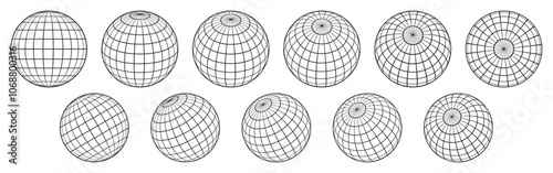 Globe grid spheres. Striped 3D wireframe spheres, geometry globe grid, earth latitude and longitude line grid vector symbols set