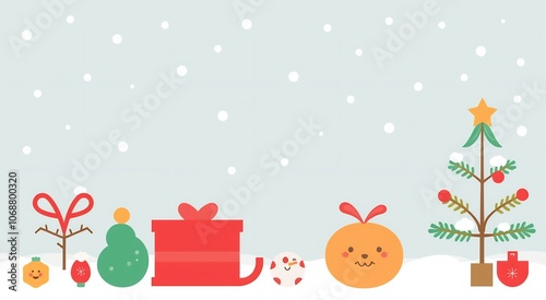 Cartoon Christmas scene with presents, tree and snowman in snowy landscape.