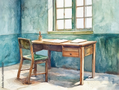 Korean classroom setup from the 70s, old-style desk and chair in gentle watercolor, evoking memories of classic schooldays photo