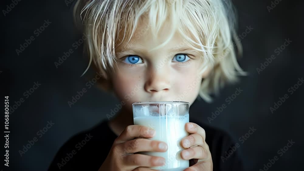 A young child with striking blue eyes holds a glass of milk close to their face against a dark background, showcasing innocence and curiosity A young child with striking blue eyes holds a glass of milk close to their face against a dark background, showcasing innocence and curiosity