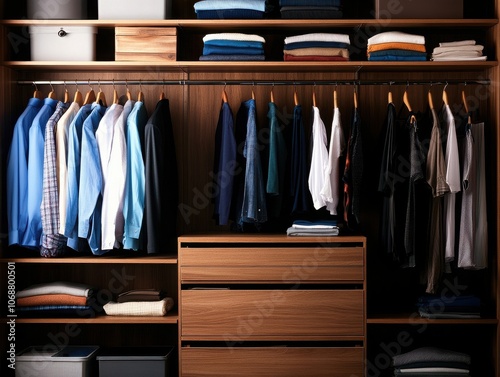 Organized closet with neatly arranged clothing, showcasing a variety of shirts, pants, and storage boxes for efficient space use.