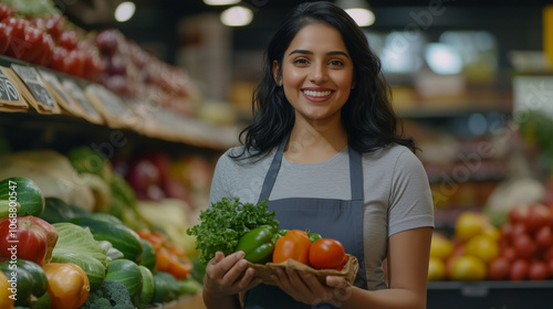 Beautiful Indian girl And Handsome Indian man, supermarket employee in the vegetable and fruit section, beautiful smile, bright, vegan, vegetarian  photo