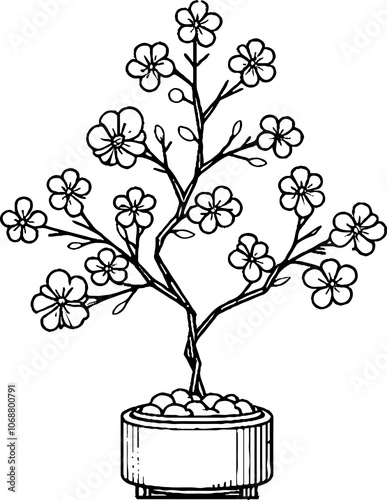 Black Line Art Beautiful Sakura Tree Decorative Hand Drawn Illustration