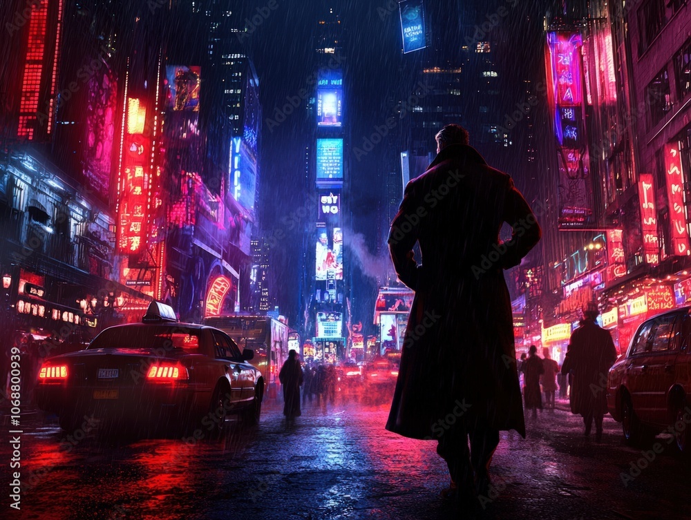 Mysterious Figure Stands Amid Neon Lights in Rainy Cityscape Mysterious Figure Stands Amid Neon Lights in Rainy Cityscape