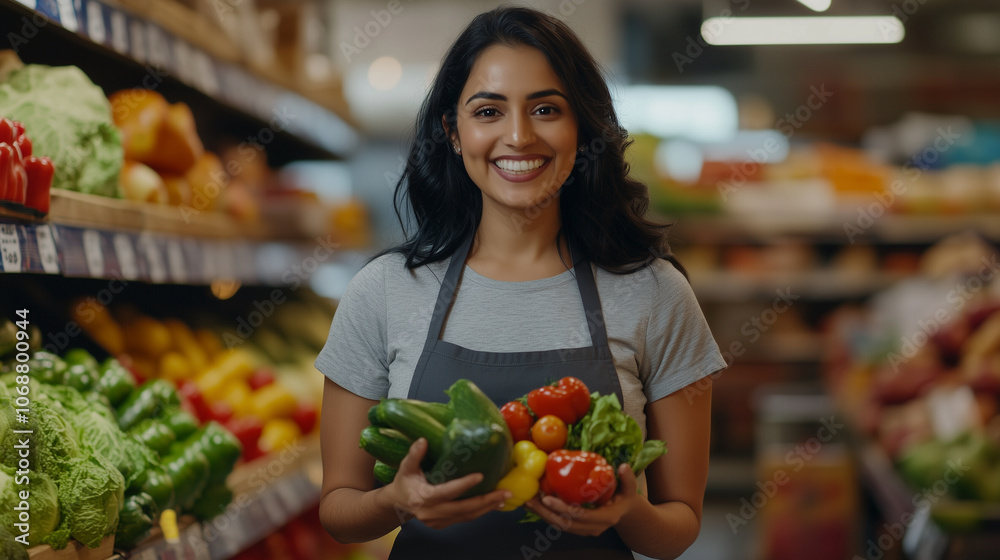 Beautiful Indian girl And Handsome Indian man, supermarket employee in the vegetable and fruit section, beautiful smile, bright, vegan, vegetarian Beautiful Indian girl And Handsome Indian man, supermarket employee in the vegetable and fruit section, beautiful smile, bright, vegan, vegetarian
