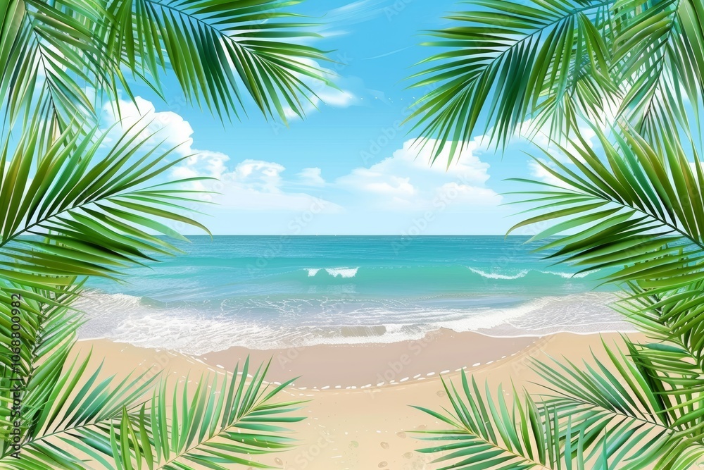 Serene beach with clear ocean waves and palm leaves, space for marketing text Serene beach with clear ocean waves and palm leaves, space for marketing text