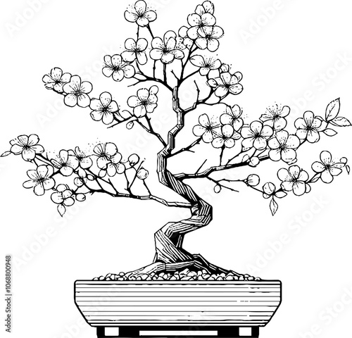 Black Line Art Beautiful Sakura Tree Decorative Hand Drawn Illustration