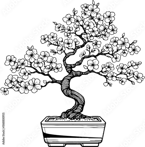 Black Line Art Beautiful Sakura Tree Decorative Hand Drawn Illustration