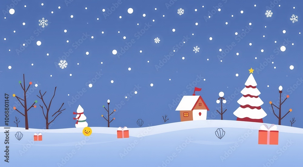 Snowy winter landscape with a house, a snowman, a Christmas tree, and presents. Snowy winter landscape with a house, a snowman, a Christmas tree, and presents.