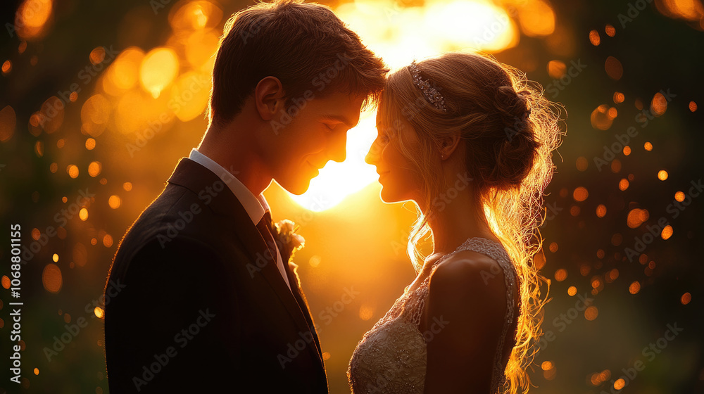Two individuals enjoy a tender moment at sunset, their silhouettes illuminated by soft light, celebrating love on their special day Two individuals enjoy a tender moment at sunset, their silhouettes illuminated by soft light, celebrating love on their special day