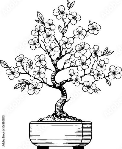 Black Line Art Beautiful Sakura Tree Decorative Hand Drawn Illustration