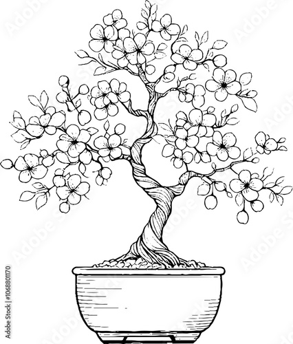 Black Line Art Beautiful Sakura Tree Decorative Hand Drawn Illustration