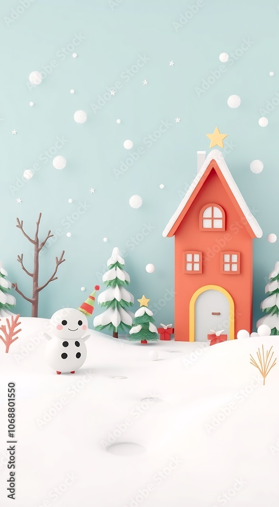 Cute snowman in front of a red house with snowy trees and snowballs on a light blue background. Cute snowman in front of a red house with snowy trees and snowballs on a light blue background.